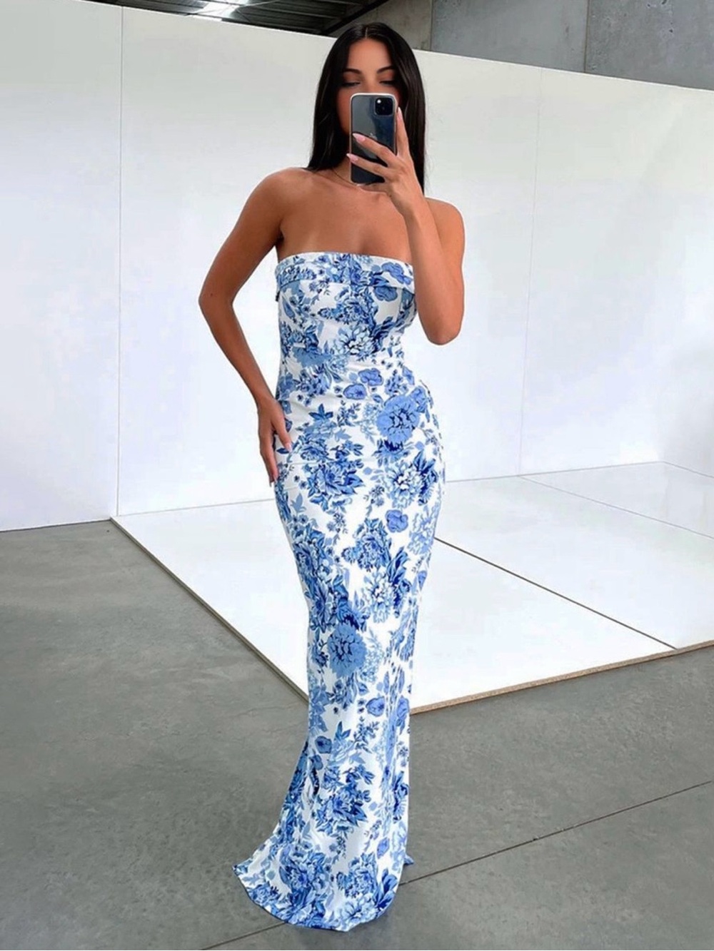 Commense Strapless White and Blue Floral Maxi Dress